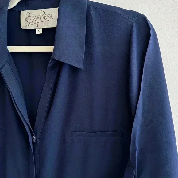 Rory Beca 100% Silk Camp Double Breast Pocket Button Down Shirt, Navy Blue - Picture 16 of 16